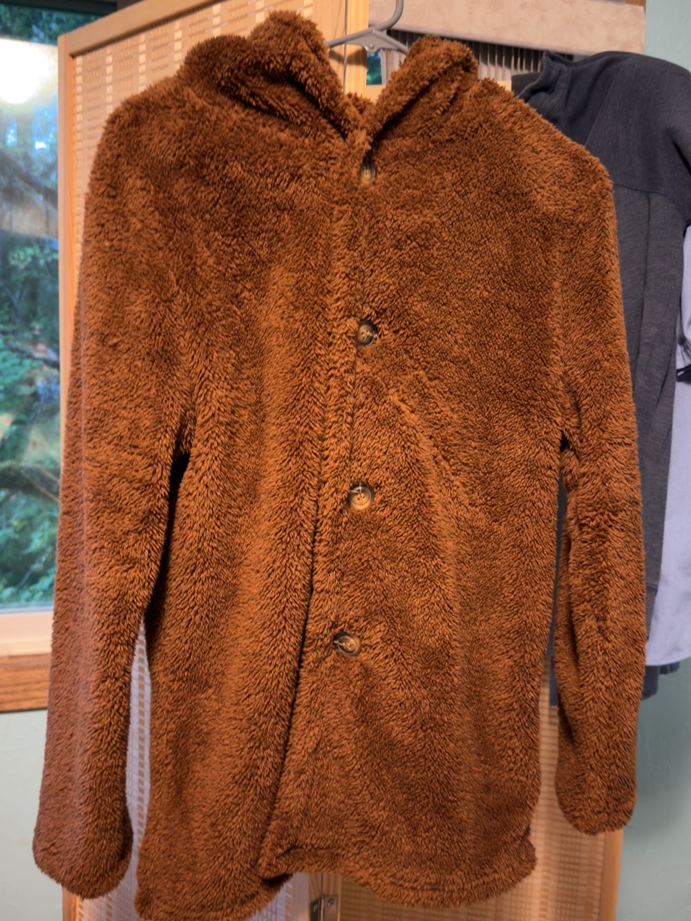 Womens Brown Plush Hooded Coat - Cozy Teddy Jacket
